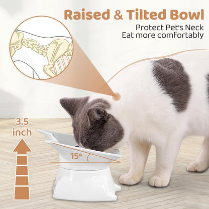 Small Elevated Slow Feeder Cat Bowl,Cute Tilted Detachable Cat Slow Feeder Food Bowls,Anti Vomiting Raised Pet Bowl for Dry and Wet Food,Whisker Friendly,Suitable for Cats & Small Dogs,White