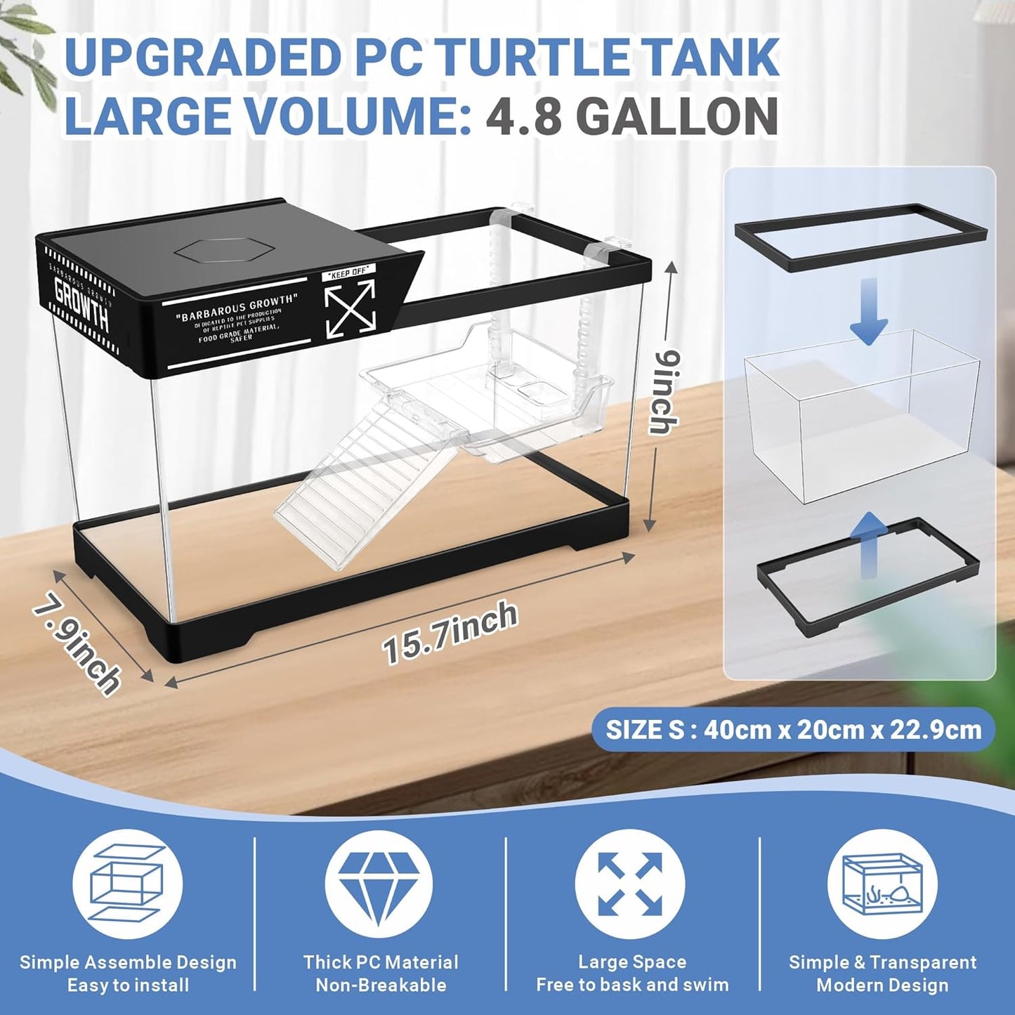 GOZILLA Aquatic Turtle Tank+Lamp+Filter Kit, Upgrade PC Turtle Tank Starter Kit with Adjustable 360°Lamp & Filter,Reptile Habitat Lid,Hanging Platform for Small Reptiles.(15.75×7.9×9''/Black)