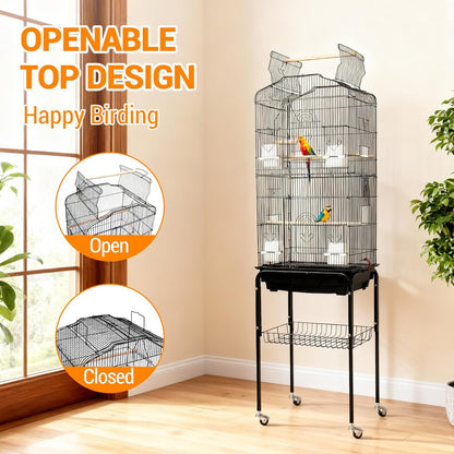 Large Wrought Iron Bird Cage with Open Play Top – 65.5 Inch Flight Cage for Parrots, Conures, Cockatiels, Lovebirds, Parakeets, Budgies – Heavy-Duty Detachable Rolling Stand & Storage Shelf – Black