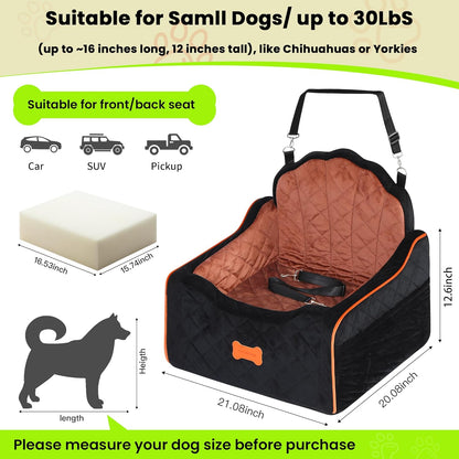 Dog Car Seat for Small Dogs Under 30lbs, Detachable Washable Pet Booster Seat with Safety Belt & Storage Pockets, Travel Car Bed, Black/Brown
