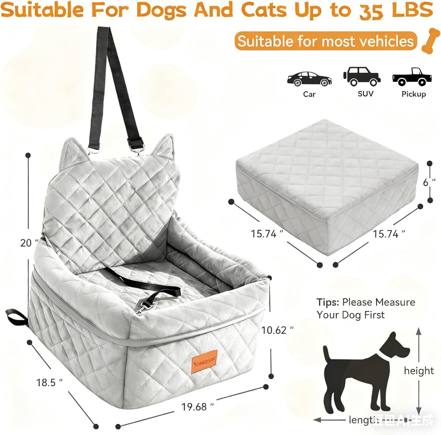 Dog Car Seat for Small/Medium Dogs Up to 35lbs,Elevated Cushion Fits in Front/Back Seat,Travel Safety Per Car Bed with Washable Removable Cover, Storage 2 Pockets Grey