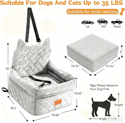 Dog Car Seat for Small/Medium Dogs Up to 35lbs,Elevated Cushion Fits in Front/Back Seat,Travel Safety Per Car Bed with Washable Removable Cover, Storage 2 Pockets Grey