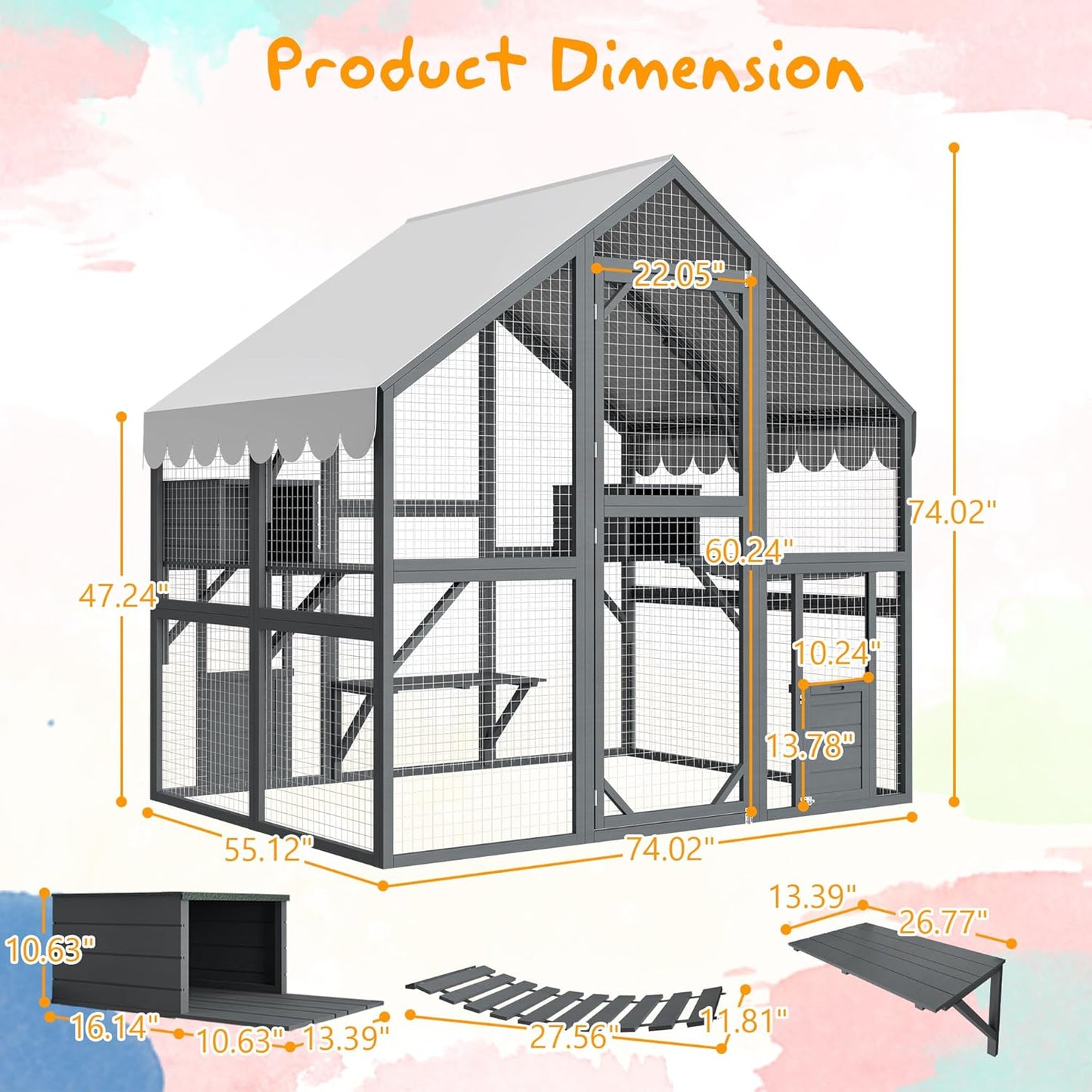 KEIKI 6x4.6 FT Wooden Large Cat House Outdoor Catio Kitty Enclosures with 2 Doors,Platforms,Resting Box,Peaked Roof