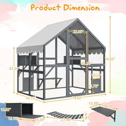 KEIKI 6x4.6 FT Wooden Large Cat House Outdoor Catio Kitty Enclosures with 2 Doors,Platforms,Resting Box,Peaked Roof