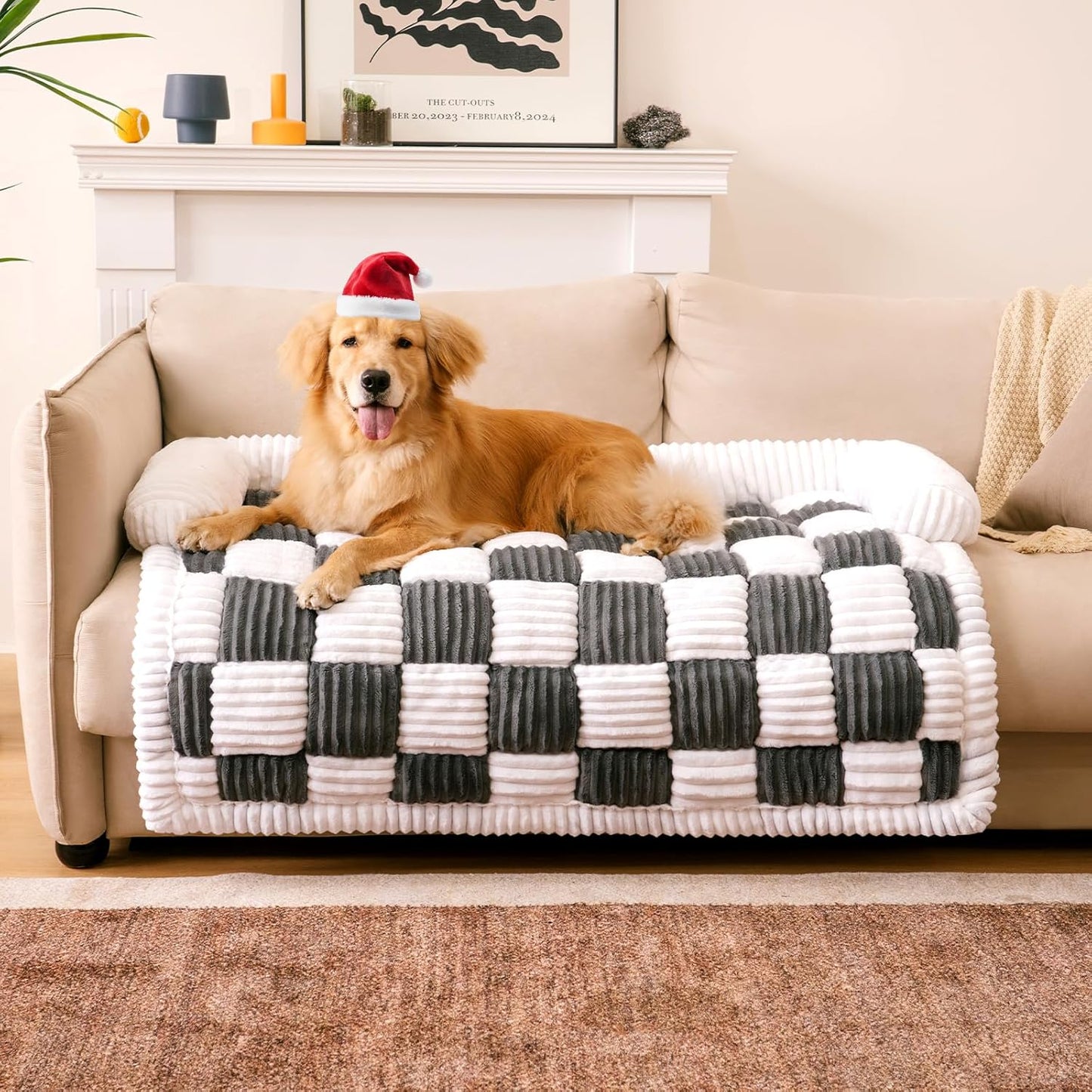 FUNNY FUZZY Couch Cover for Dogs, Loveseat Covers Bed for Large Dogs Cream Plaid Washable Pet Mat for Furniture Protector for Car Seat, X-Large, Black