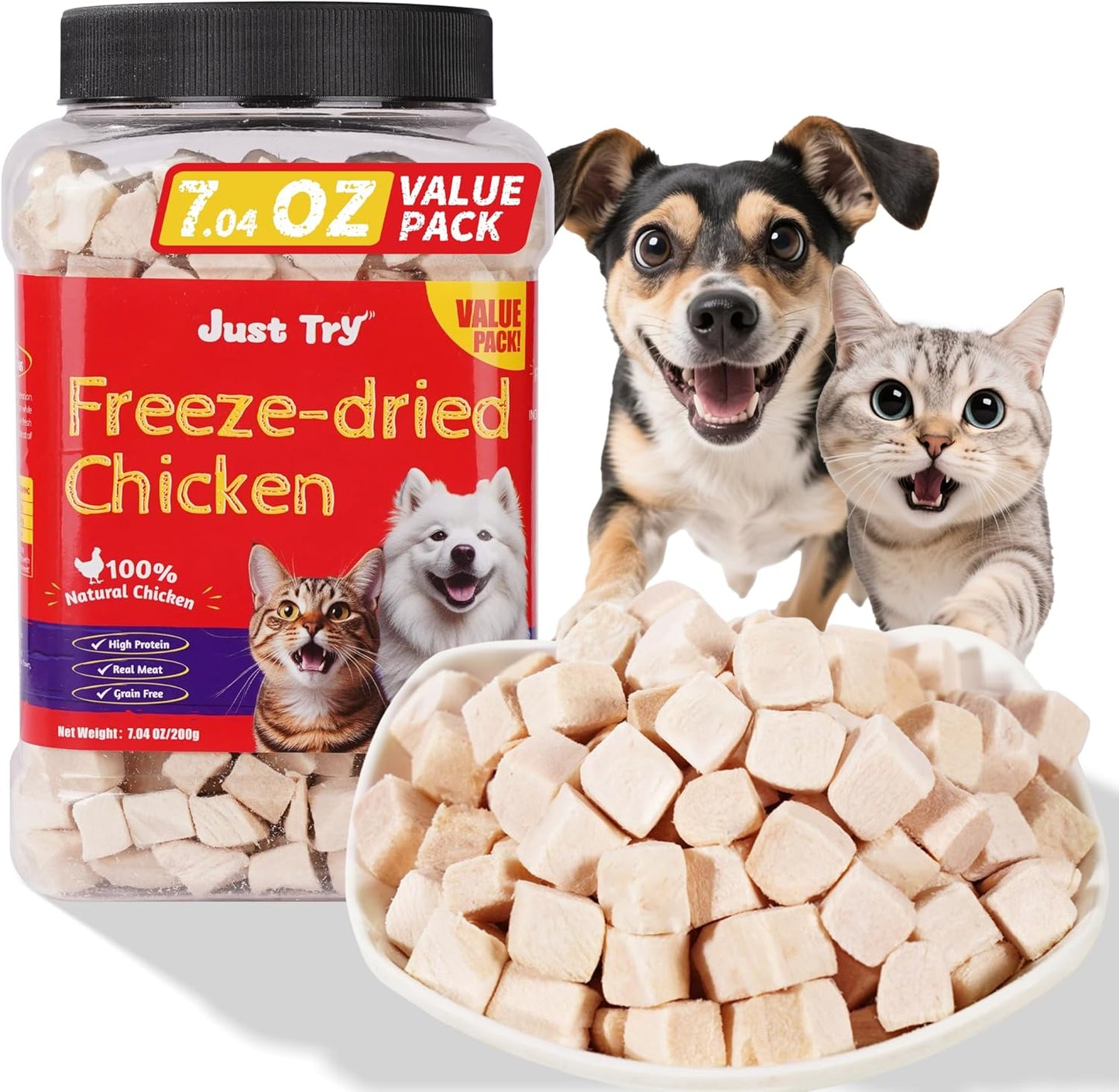 Just Try 7.04 oz Freeze Dried Chicken Cat & Dog Treats Food Topper Raw Single Ingredient High Protein Grain Free Healthy Dog Training Treats