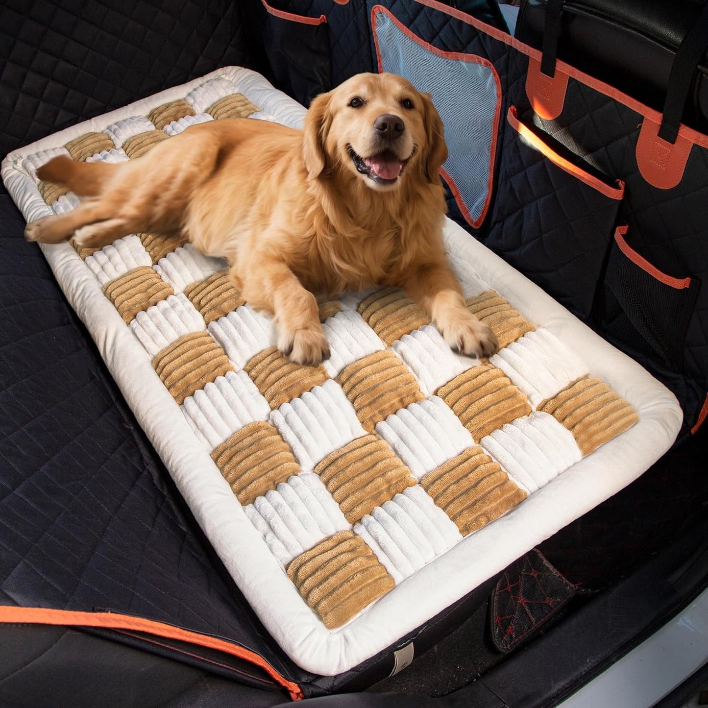 Soulbond Backseat Pet Bed Mat,Dog Bed for Car,Fuzzy Dog Seat Cover for Car Back Seat, Non-Slip Travel Pet Mat, Fit for Backseat Extenders and Seat Covers(Brown and White)