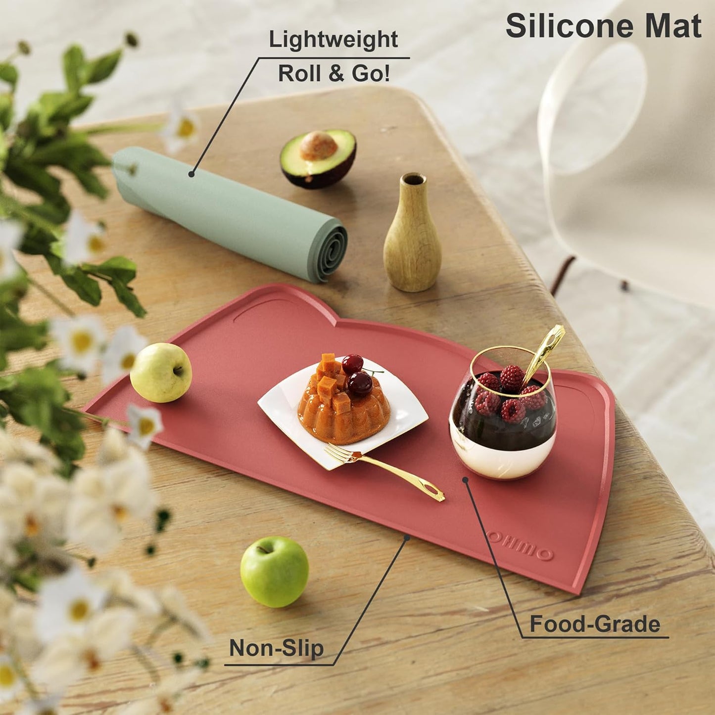 OHMO - Cat Food Mat, Silicone Pet Feeding Mat for Floor Non-Skid Waterproof Dog Water Bowl Tray, Easy to Clean Pet Placemat (Erythrinus, 18 * 9.8'')