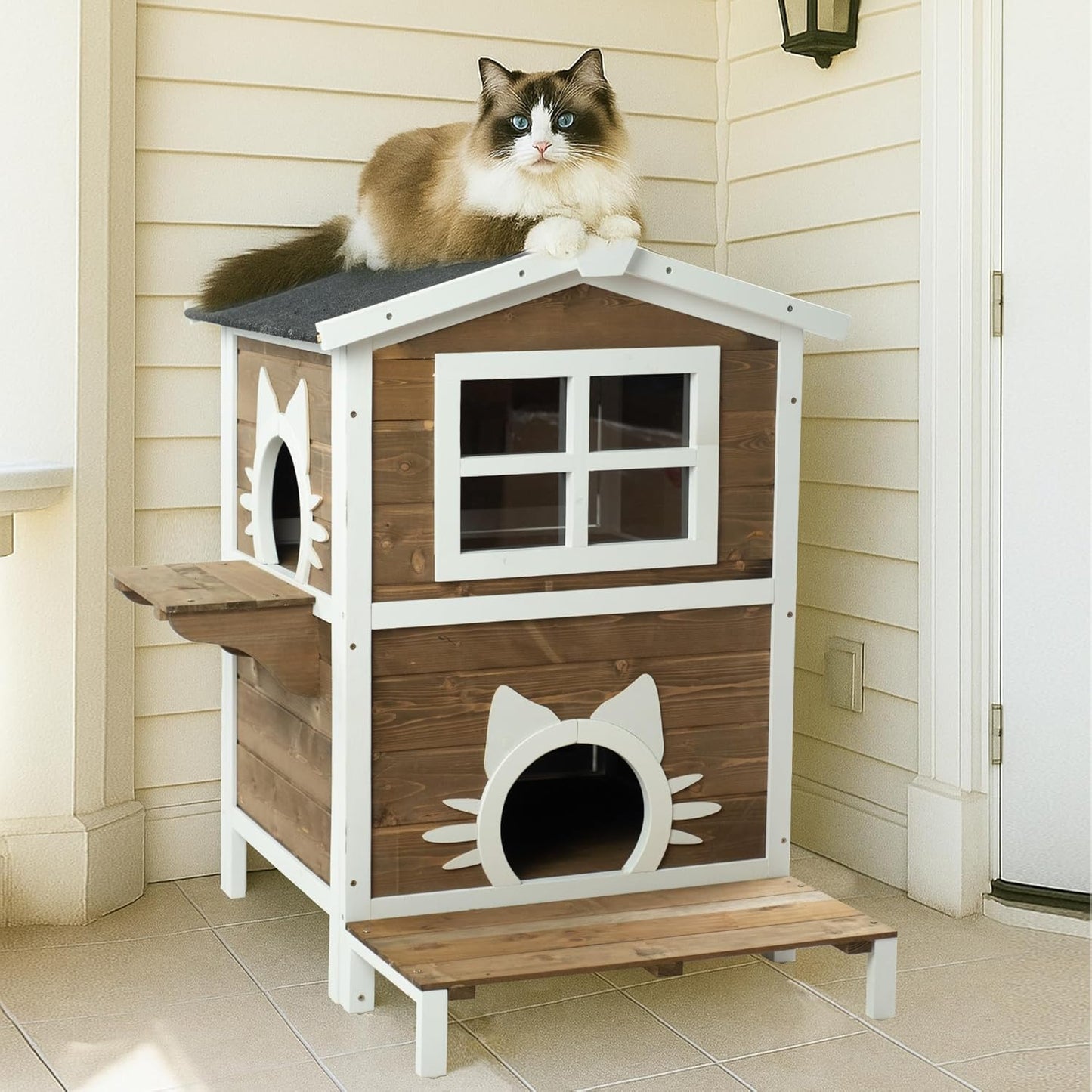 Large Outdoor Cat House, 2-Level Weatherproof Spruce Wood, 32W x 22.75D x 36H inches, Gray