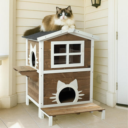 Large Outdoor Cat House, 2-Level Weatherproof Spruce Wood, 32W x 22.75D x 36H inches, Gray