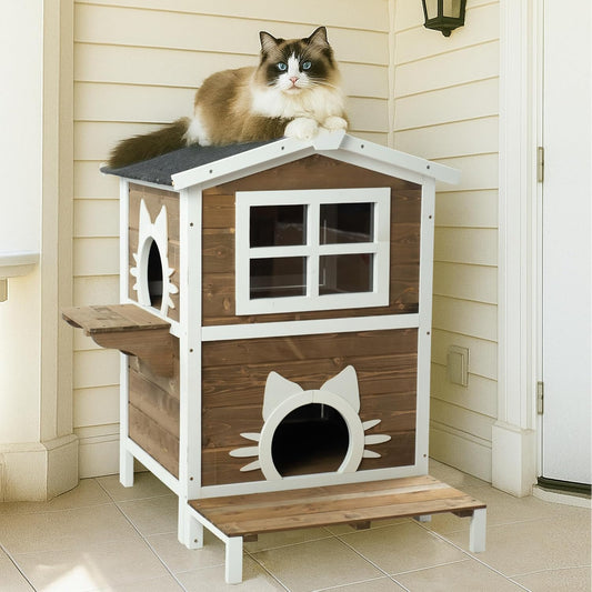 Large Outdoor Cat House, 2-Level Weatherproof Spruce Wood, 32W x 22.75D x 36H inches, Gray