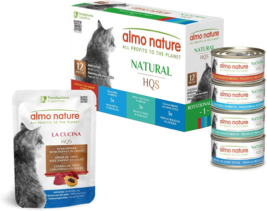 almo nature HQS Cat Food Bundle: (12) 2.47oz Natural Variety Pack (Atlantic Tuna, Mackerel, Trout & Tuna, Chicken & Shrimp) + (12) 1.94oz Tuna & Papaya in Gravy Pouches