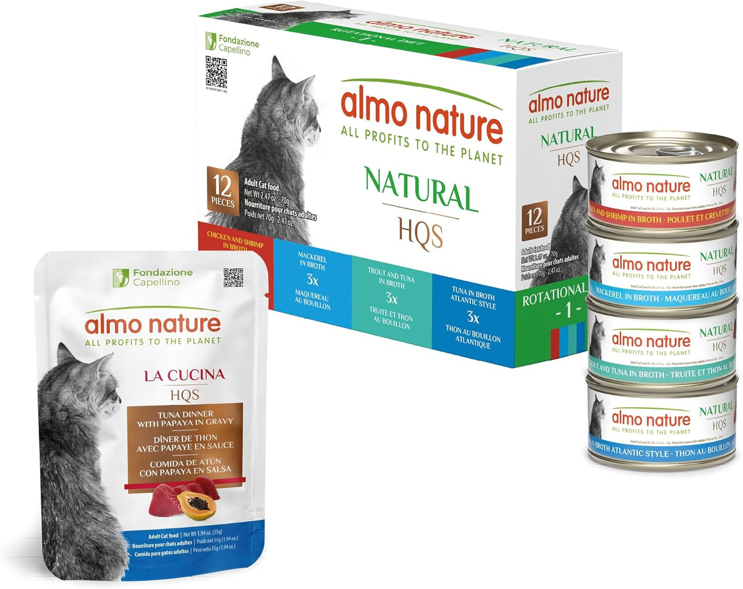 almo nature HQS Cat Food Bundle: (12) 2.47oz Natural Variety Pack (Atlantic Tuna, Mackerel, Trout & Tuna, Chicken & Shrimp) + (12) 1.94oz Tuna & Papaya in Gravy Pouches