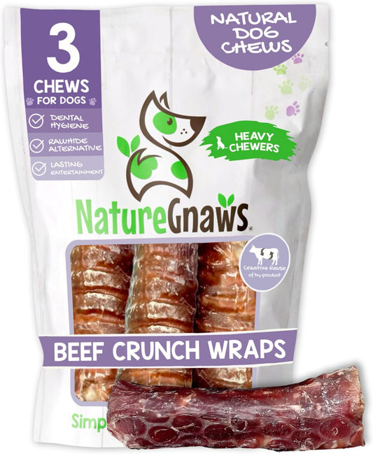 Nature Gnaws Beef Trachea Crunch Wraps for Dogs (3 Count) - Long Lasting Natural Beef Jerky Dog Chew Bones - Rawhide Free