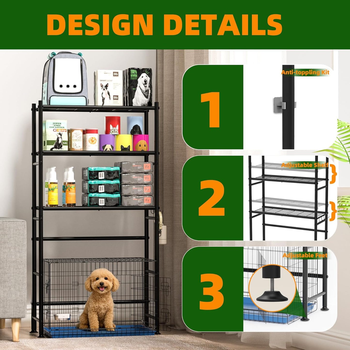 Over The Dog Crate Storage Shelf, 3-Tier Metal Dog Crate Furniture Stand for Most Breed Sizes, Freestanding Above The Cat Litter Box Shelves, Pet Supplies Organizer with Adjustable Feet, Black