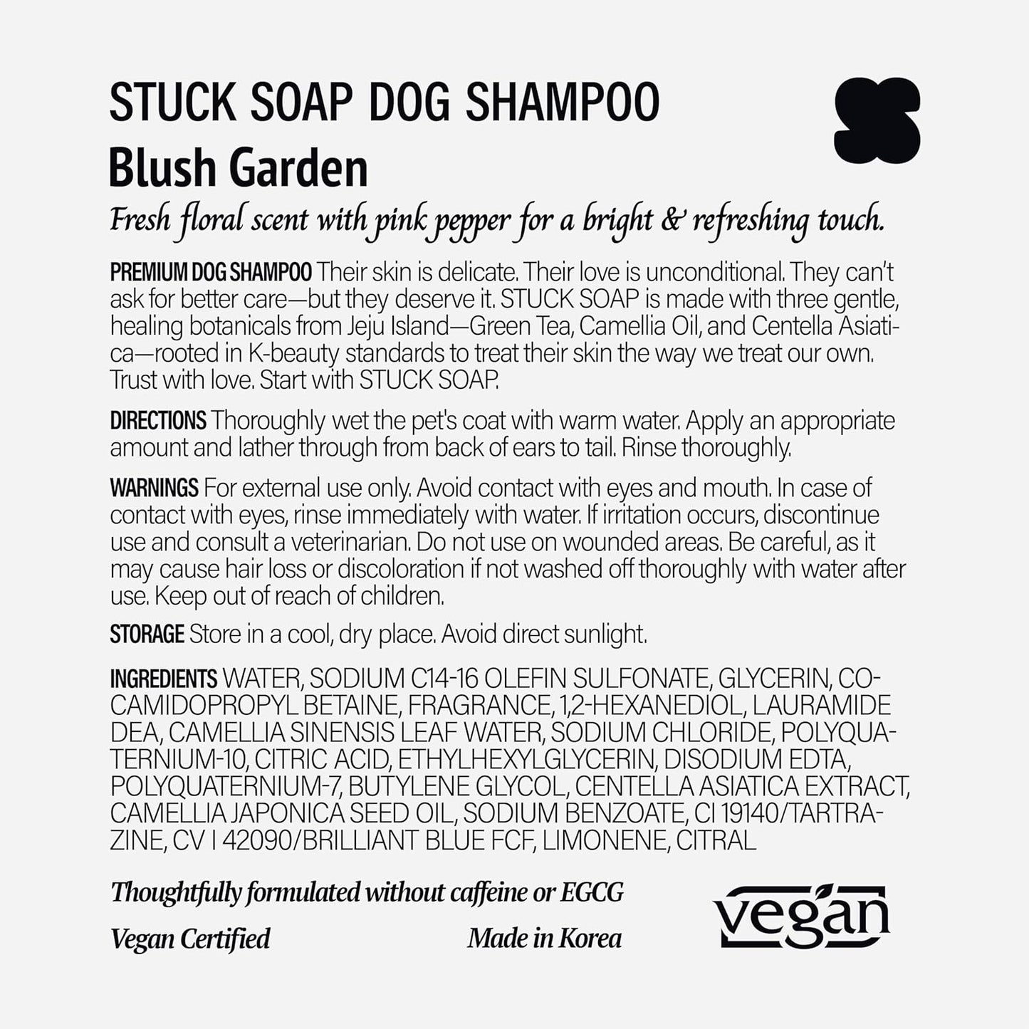 Vegan Dog Shampoo Premium K-Beauty Inspired Gentle Dog Shampoo for Sensitive Skin with Green Tea, Camellia Oil & Centella Asiatica, Elegantly Scented, Natural Pet Wash (Blush Garden)