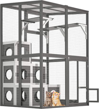Outdoor Wooden Cat Catio,Large Walk-in Solid Wood Cats Enclosure with 2 Jumping Platforms & 7 Cozy Napping Houses,Weatherproof Flat Roof,Indoor/Outdoor Cat Playpen and Kennel Shelter,75.6" H Gray