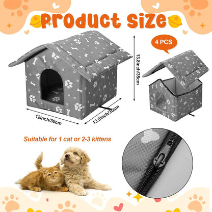 4Pcs Cat Houses for Outdoor Stray Cats Shelter Weatherproof Outdoor Cat House Indoor Foldable Warm Pet Cave with Paw Print for Feral Cat Dog Winter Wild Animal(Grey, Small)