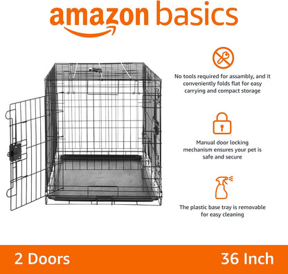 Amazon Basics - Durable, Foldable Metal Wire Dog Crate with Tray, Double Door, 36 x 23 x 25 in, Black