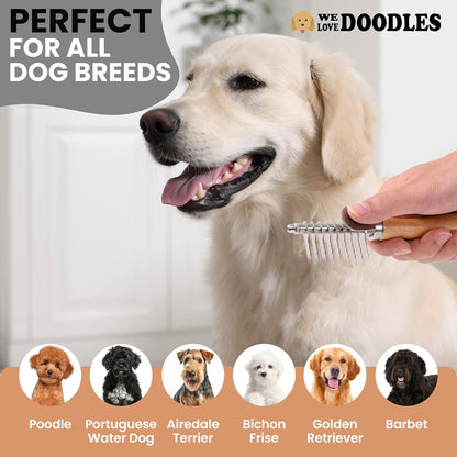 We Love Doodles Dog Dematting Brush & Rake, Detangler Brush for Dogs, Comb Tool for Grooming, Best for Doodles, Poodles, Goldendoodles, Cats & Other Pets, Matted Fur Removal On Undercoat