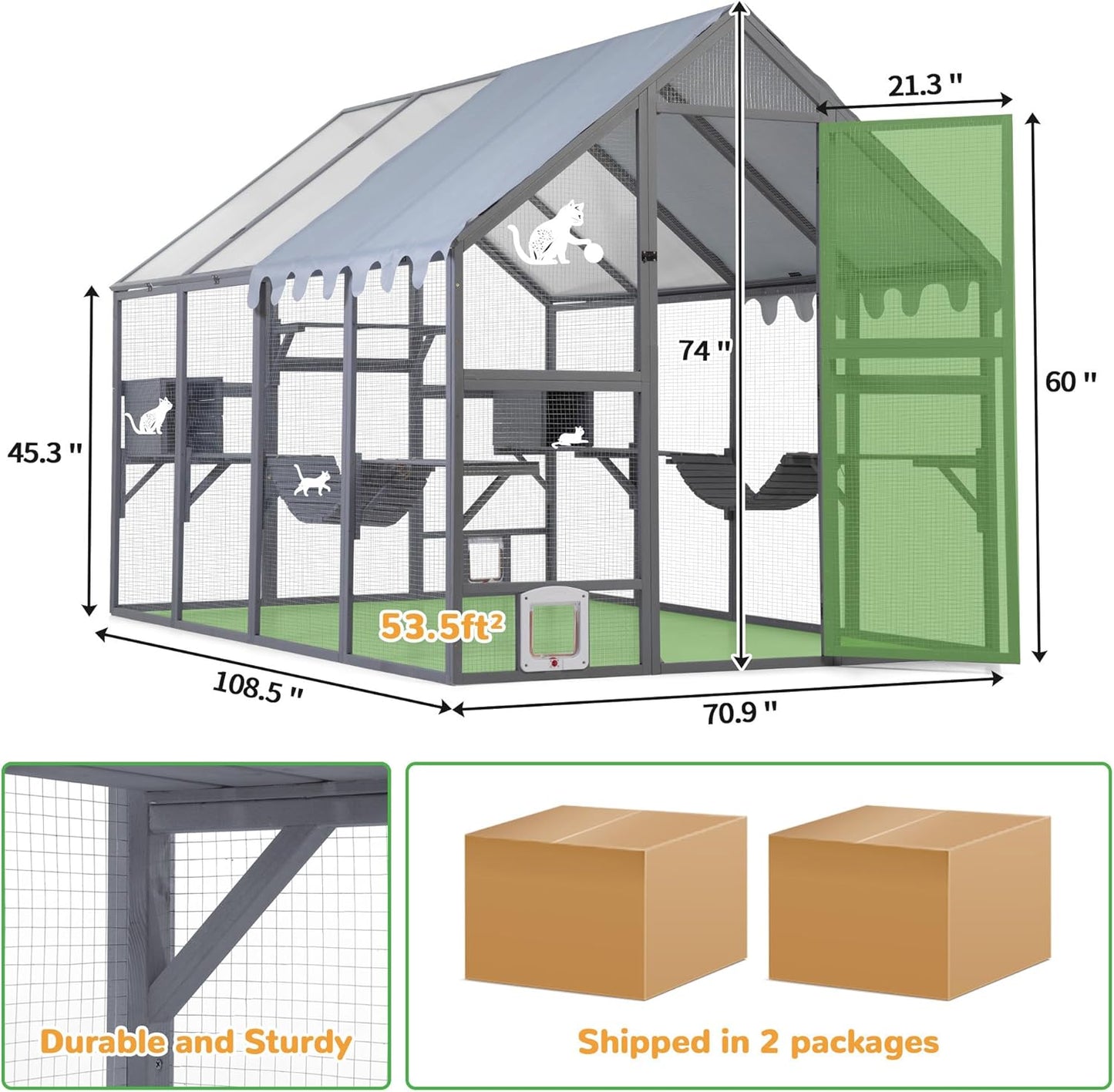 COZIWOW 110" Large Catio Outdoor Cat Enclosure, 53.5ft² Cat Run for Multiple Pets with Fully-Coverd Roof, Window Walk-in Wooden Outside Cattery Feral Kitty House (Modern Grey)