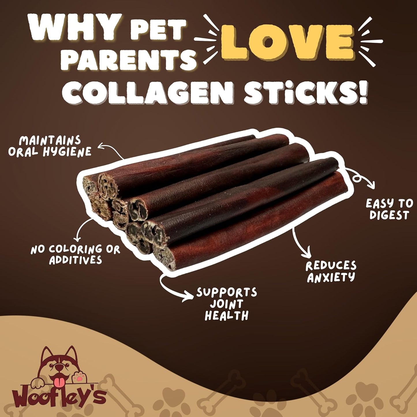 Woofley's 6 Inch Collagen Sticks for Dogs (16 Count) Bully Stick Rawhide Alternative Dog Chews No Hide Bones for Medium & Large Dogs
