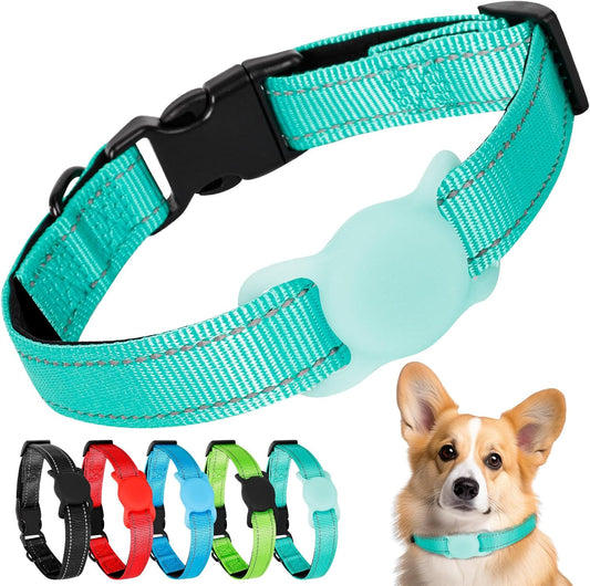 Airtag Dog Collar with Air Tag Holder, Adjustable Reflective Pet Collar with Soft Padding,Durable Nylon Collar for Tiny Small Medium Dogs, Easy Install Design (Turquoise Blue,S)