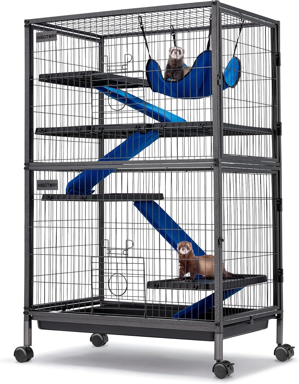 HABUTWAY 50''H Metal Small Animal Cages, Rolling Chinchilla Cage with Removable Ramps, Lagre Critter Nation Cage for Chinchillas/Guinea Pigs/Rabbit, Ferret Cages with Hammock & 5 Tiers, Black