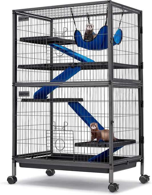 HABUTWAY 50''H Metal Small Animal Cages, Rolling Chinchilla Cage with Removable Ramps, Lagre Critter Nation Cage for Chinchillas/Guinea Pigs/Rabbit, Ferret Cages with Hammock & 5 Tiers, Black