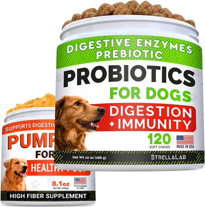 Probiotics + Pumpkin for Dogs Bundle - Allergy, Gas, Diarrhea + Constipation, Food Sensitivity, Scoot - Digestive Enzymes + Prebiotics + Pure Pumpkin Powder - Immunity - 120ct + 8.1oz - Made in USA