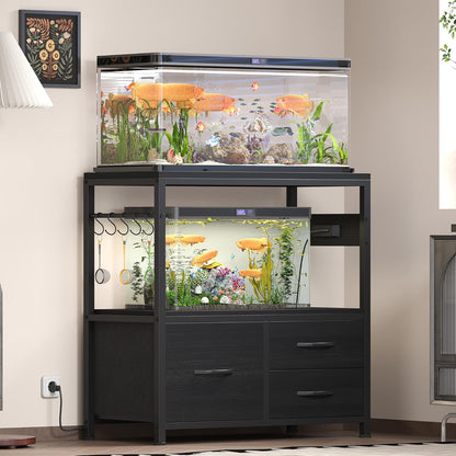 Heybly 20-29 Gallon Fish Tank Stand, Aquarium Stand with Drawer, Power Outlet, Heavy Duty Metal Frame, for Fish Tank, Turtle & Reptile Terrarium, 31.5" x 15.7" Top, 330lbs, Black HAS001BK
