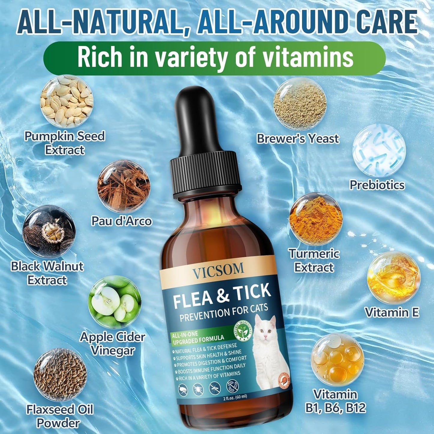 Natural Flea and Tick Prevention for Cats, Herbal Cat Flea and Tick Treatment Support Drops Flea Support with Prebiotics Probiotics for Cats Kitten - Ideal for Sensitive Cat - Salmon Flavor