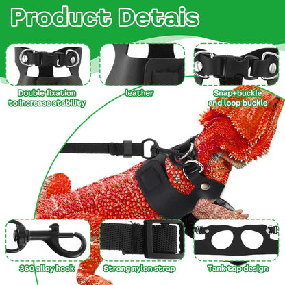 Bearded Dragon Harness Leash 3 Size Adjustable Soft Reptile Leash Retractable Bearded Dragon Vest Training Walking Lizard Traction Rope for Outdoor Small Animal Rabbit Squirrel (Black)