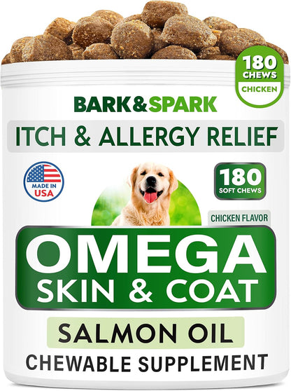 BARK&SPARK Omega 3 for Dogs - 180 Fish Oil Treats for Dog Shedding, Skin Allergy Chews, Itch Relief, Hot Spots Treatment - Joint Health - Skin and Coat Supplement - EPA & DHA Fatty Acids - Salmon Oil