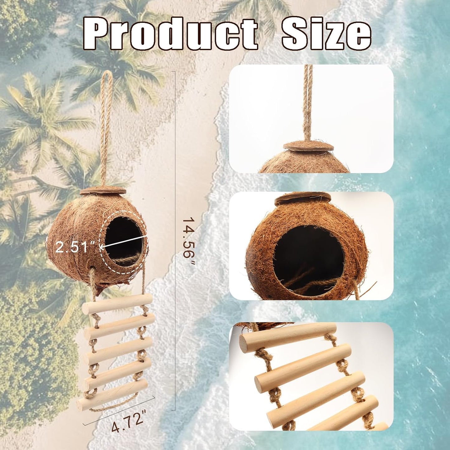Gecko Tank Accessories Natural Coconut Shell Hut with Climbing Ladder & Suction Cup Hermit Crab Toys Reptile Hideout for Leopard Gecko Snake Lizard and Small Pets Habitat Decor