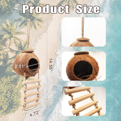 Gecko Tank Accessories Natural Coconut Shell Hut with Climbing Ladder & Suction Cup Hermit Crab Toys Reptile Hideout for Leopard Gecko Snake Lizard and Small Pets Habitat Decor