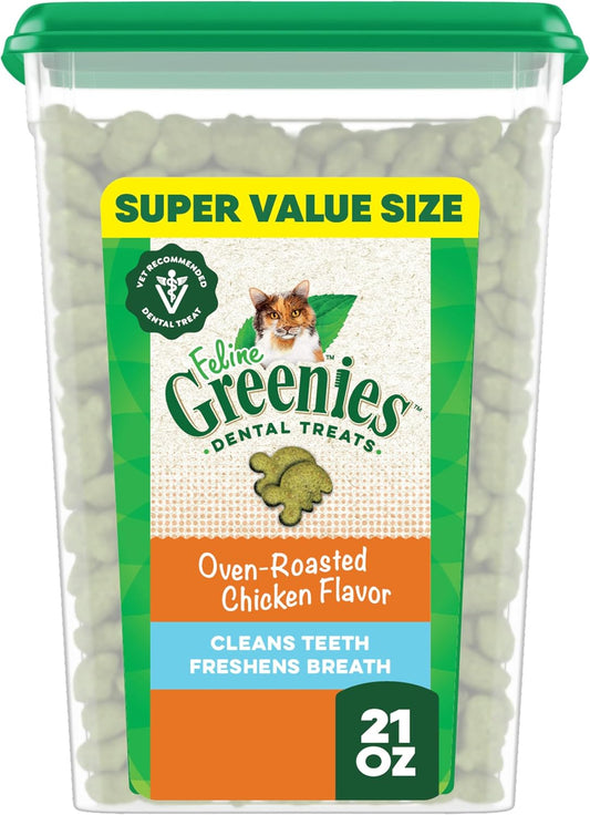 Greenies Feline Adult Dental Cat Treats, Oven Roasted Chicken Flavor, 21 oz. Tub