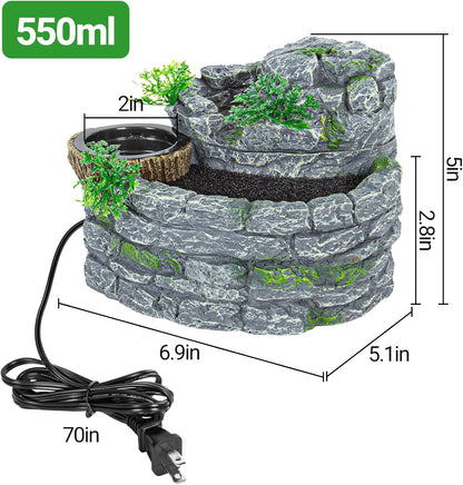 REPTI ZOO Reptile Water Fountain with Food Dish, 550ML Terrarium Waterfall Drinking Fountain for Bearded Dragon Gecko Chameleon Lizard Tree Frog Turtle, Reptile Water Dispenser, Keep Water Clear