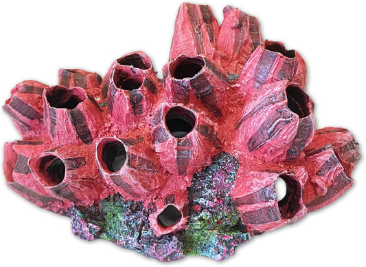 Coral Ornament for Fresh & Saltwater Aquariums, Resin Vibrant Realistic Red & Dark Red Barnicals on Model Rock - 7" x 3.5" x 5"