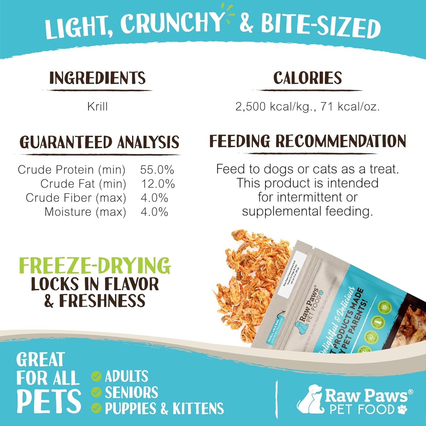 Raw Paws Freeze-Dried Krill Treats for Dogs & Cats (3-Ounce) - Naturally Contains Krill Oil for Dogs, Omega 3 - Freeze Dried Fish Food for Aquatic Fish, Turtles, & Reptiles