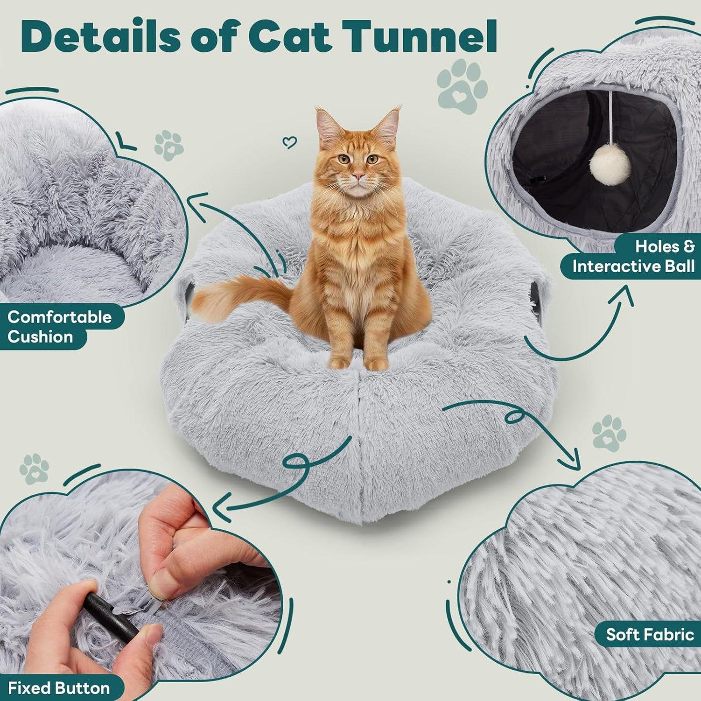 Smug Cat Tunnel Bed for Indoor Cats, Soft Plush Peekaboo Cat Cave Donut Tunnel, Washable Multifunctional Playground Toys Pet Christmas Tree Decoration for Kittens, Rabbit, Ferret (Grey)