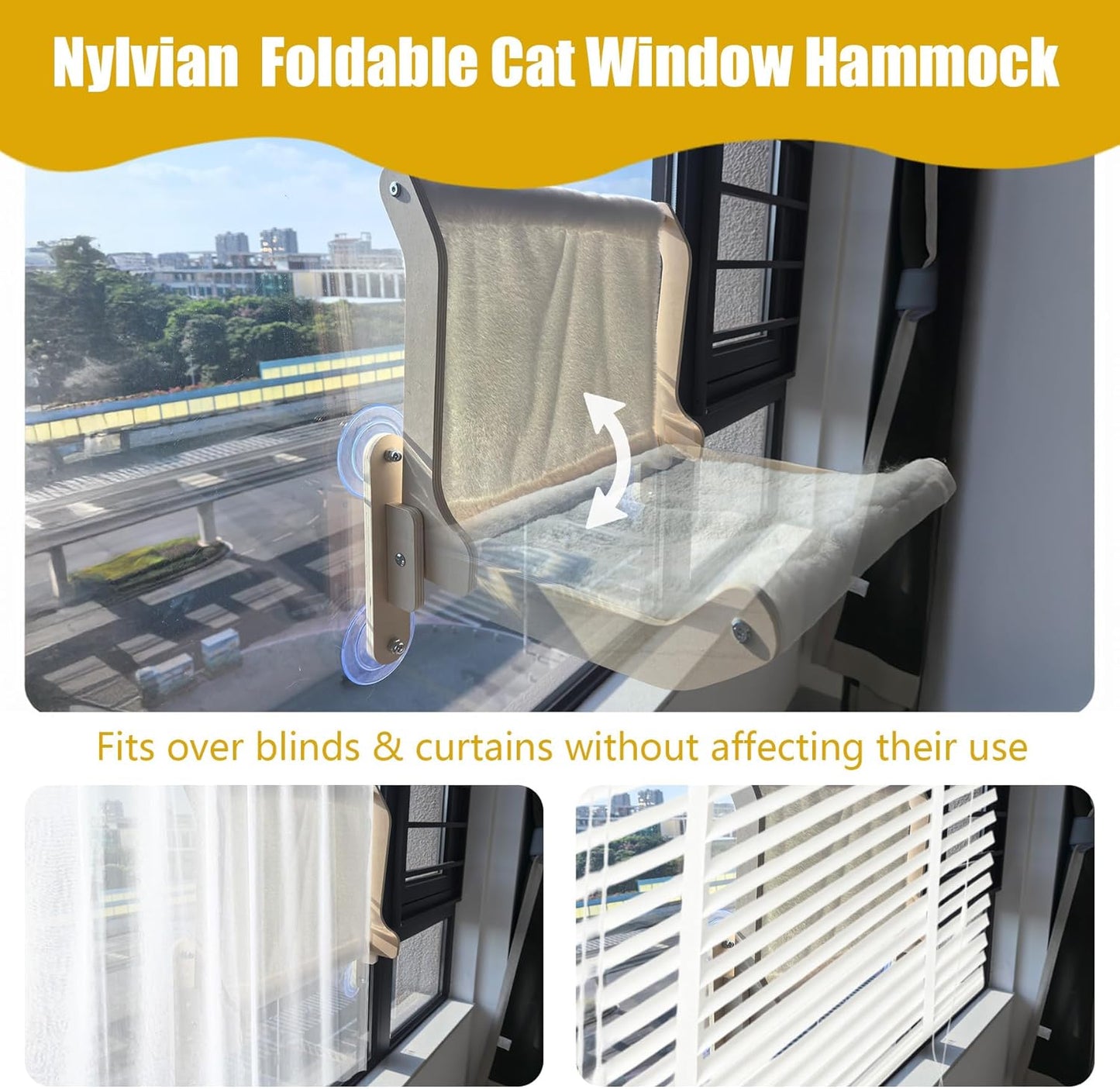 Cat Window Perch Hammock Bed - Foldable Hardwood Frame, No-Drill with Strong Suction Cups, Plush Faux Rabbit Fur for Large Cats up to 50lbs