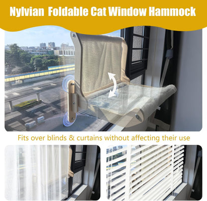 Cat Window Perch Hammock Bed - Foldable Hardwood Frame, No-Drill with Strong Suction Cups, Plush Faux Rabbit Fur for Large Cats up to 50lbs