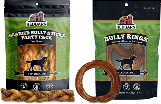 Redbarn Braided Bully & Bully Rings Value Bundle for Medium and Large Dogs - Single Ingredient Rawhide Free for Aggressive Chewers