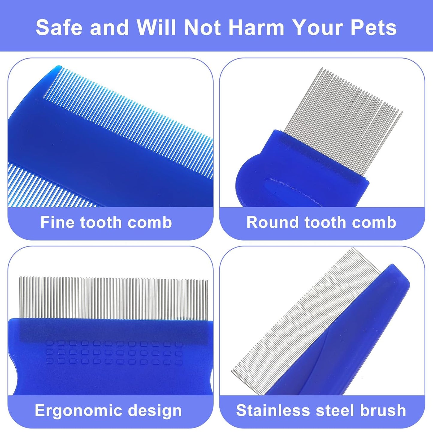 6-Pack Cat Flea Brush Flea Comb for Cats Stainless Steel Lice Comb Set Dog Brush Double-Sided Tear Stain Remover Pet Grooming Kit for All Types of Small Medium Large Pets (Blue)
