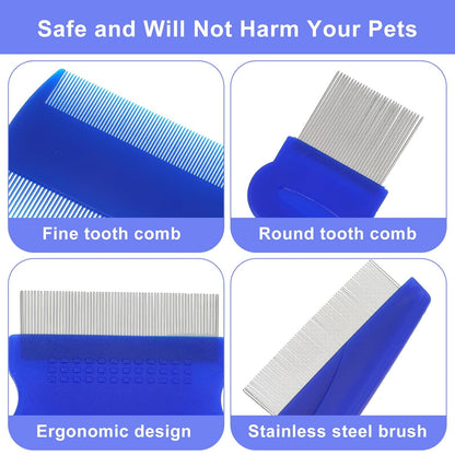 6-Pack Cat Flea Brush Flea Comb for Cats Stainless Steel Lice Comb Set Dog Brush Double-Sided Tear Stain Remover Pet Grooming Kit for All Types of Small Medium Large Pets (Blue)