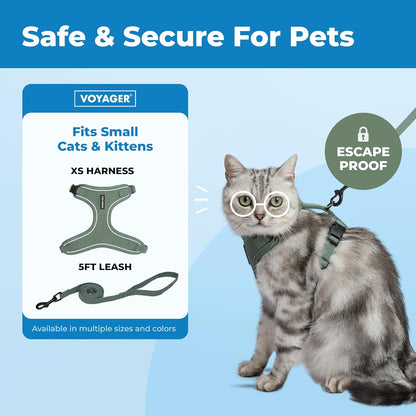 Voyager Escape-Proof Step-in Lock Cat Harness & 5ft Neoprene-Handle Leash Set All-Weather Mesh with Reflective Stitching for Small to Large Cats by Best Pet Supplies, Moss Green (327), XS