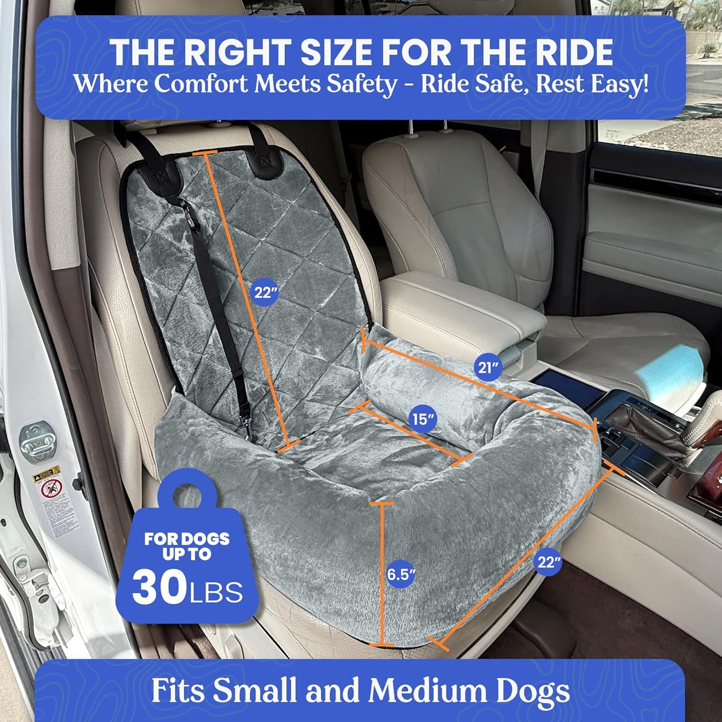 4Knines Dog Car Seat – Plush Travel Bed for SUVs, Trucks & Sedans – Comfortable, Supportive & Secure Ride for Small and Medium Dogs – Washable, Non-Slip Bottom, UV-Resistant Straps & Clips - Grey
