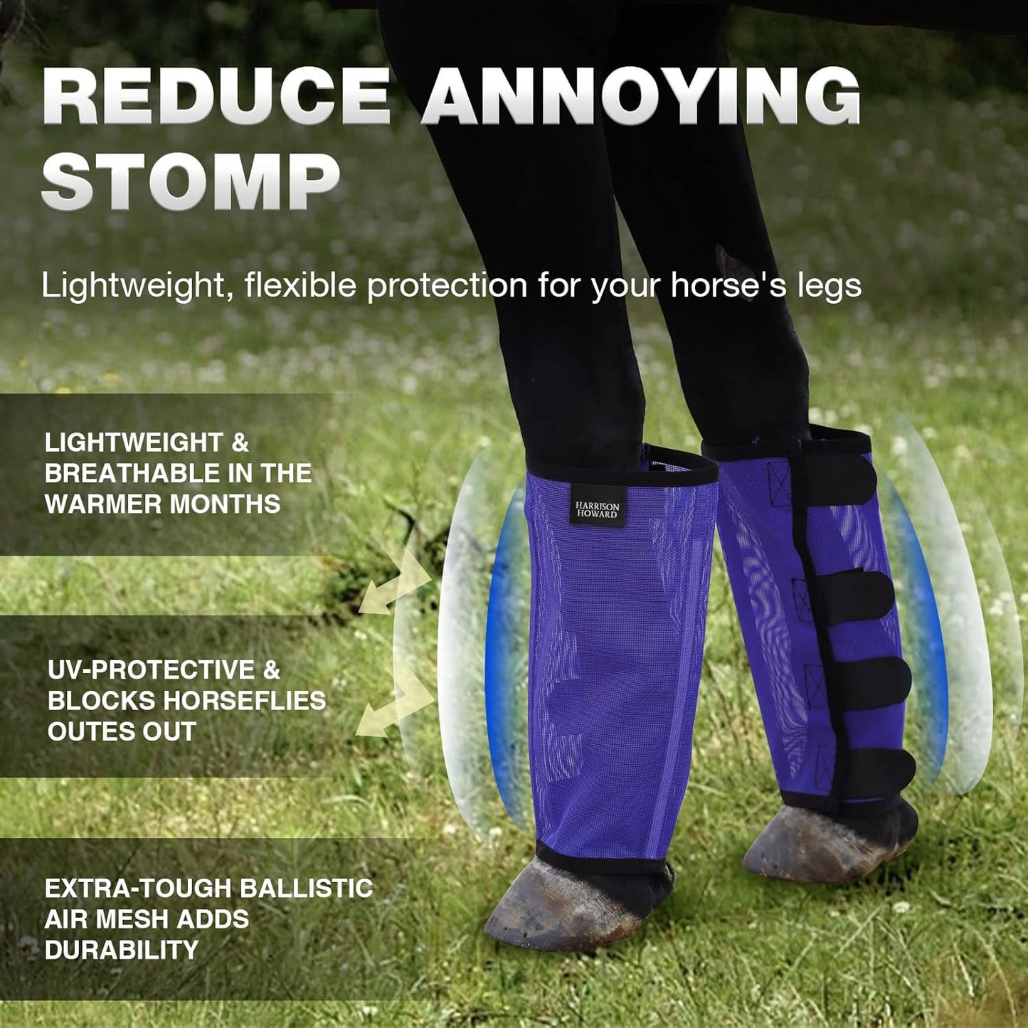 Harrison Howard Loose Fitting Fly Boots UV-Protective Extra Tough Mesh Ventilated Four Fasteners Stay-on Design Protect Horse Legs & Stomp-Reducing Set of 4 Deep Navy Large