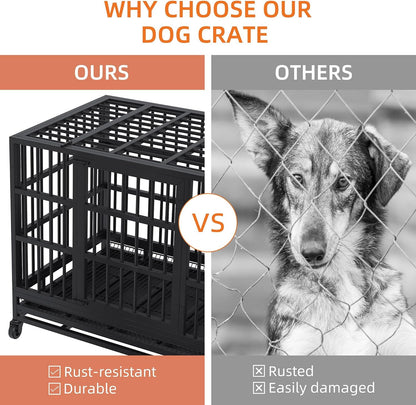 Shintenchi 48 inch Heavy Duty Crates for Large Dog, Indestructible and Escape-Proof Cage Kennel with Lockable Wheels, Double Door High Anxiety with Removable Tray, Black